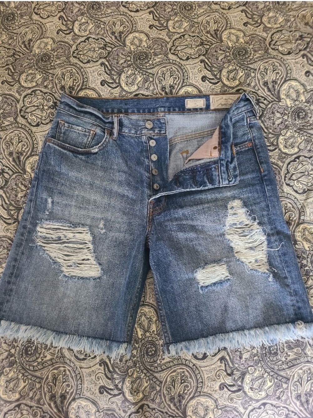ALL SAINTS High Waist Denim Long Board Short Raw Fringe Hem Dark Wash Distressed